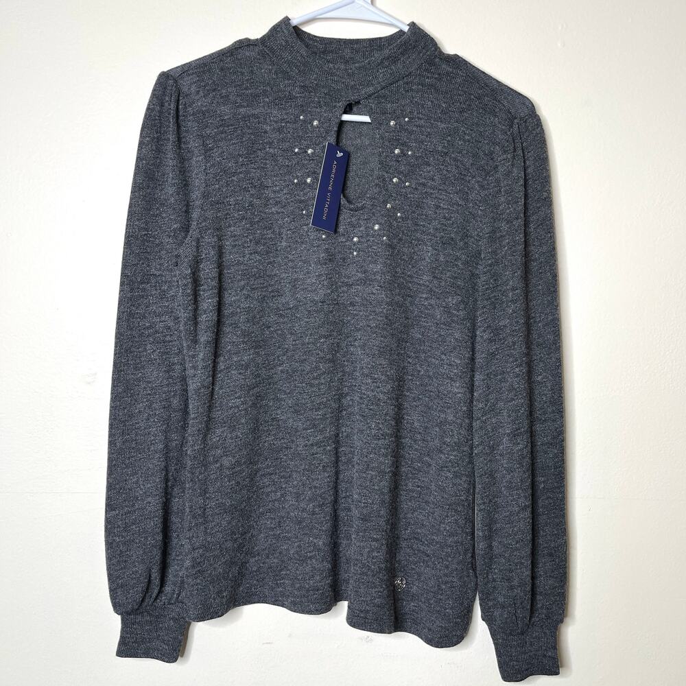 Adrienne Vittadini Sweater Small Rhinestone Keyhole‎ Mock Neck Women's Gray NWT
